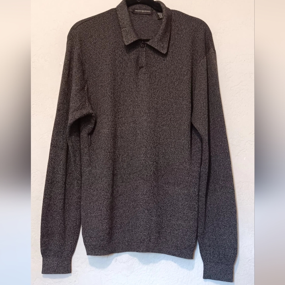 Jhane‎ Barnes Men Sweater Polo 100% Silk Knit Jerseys Charcoal SzM